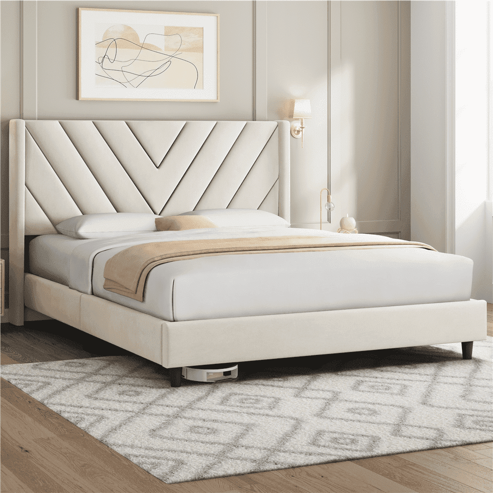 Beige Velvet Upholstered Queen Bed with Tufted Headboard
