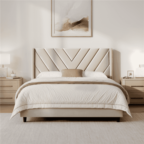 Yaheetech Upholstered Platform Bed with Tufted Headboard, Queen, Beige