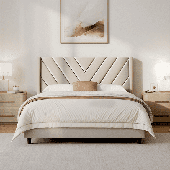 Yaheetech Upholstered Platform Bed with Tufted Headboard, Queen, Beige