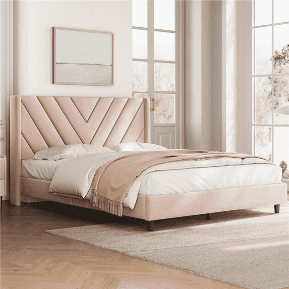 Yaheetech Upholstered Platform Bed with Tufted Headboard, Queen, Pink