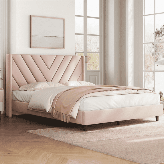 Yaheetech Upholstered Platform Bed with Tufted Headboard, Queen, Pink