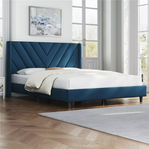 Yaheetech Upholstered Platform Bed with Tufted Headboard and Wing Side, Queen, Blue