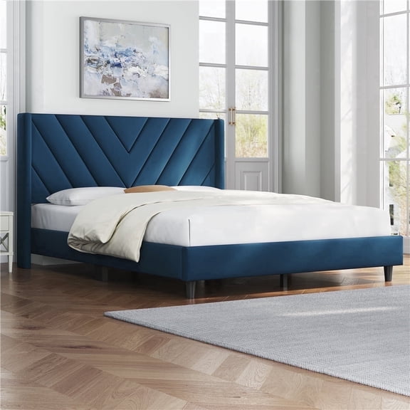 Yaheetech Upholstered Platform Bed with Tufted Headboard and Wing Side, Queen, Blue