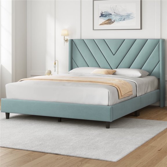 Yaheetech Upholstered Platform Bed with Wooden Slat Support and Tufted Headboard, Queen, Blue Lake