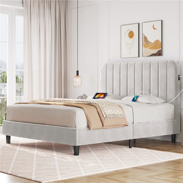 Yaheetech Upholstered Queen Bed with Builtin USB Ports, Beige