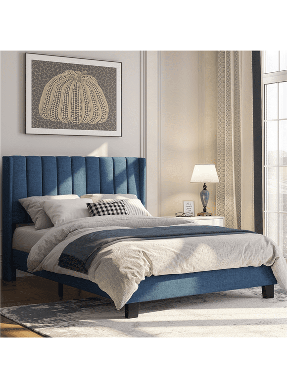 Yaheetech Upholstered Wingback Platform Bed with Support and Mattress Foundation, Full Size, Navy Blue