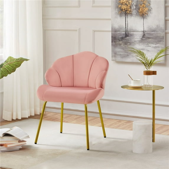 Yaheetech Modern Velvet Accent Chair with Shell Shaped Backrest & Golden Metal Legs, Pink