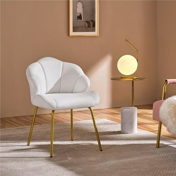 Yaheetech Modern Velvet Accent Chair with Shell Shaped Backrest & Golden Metal Legs, White