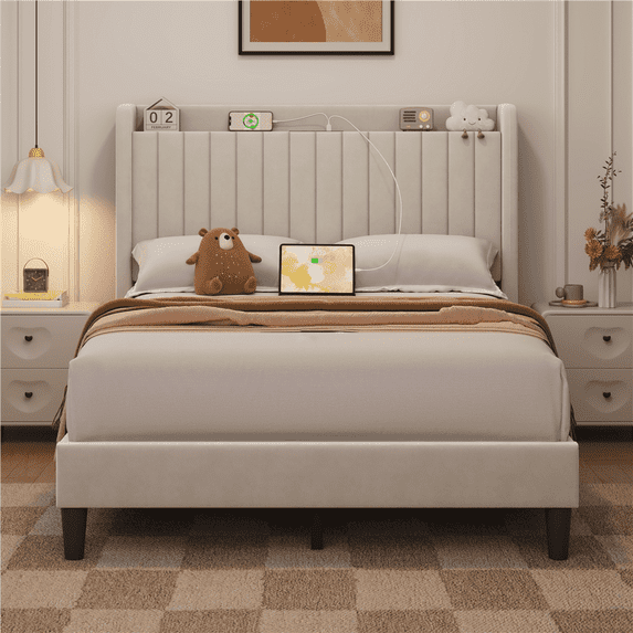 Yaheetech Velvet Platform Bed with Charging Outlets and USB Ports, Full, Beige