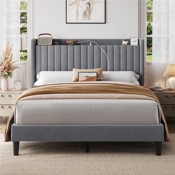Yaheetech Velvet Upholstered Platform Bed with Charging Outlets & USB Ports, Queen, Light Gray