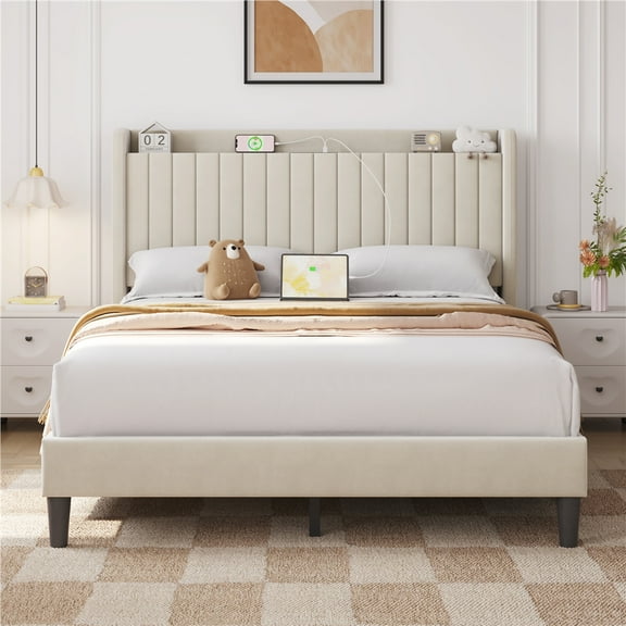 Yaheetech Queen Size Velvet Platform Bed with Charging Outlets and USB Ports, Beige