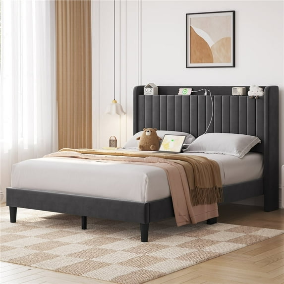 Yaheetech Queen Size Velvet Platform Bed with Charging Outlets and USB Ports, Dark Gray