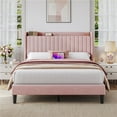 thumbnail image 1 of Yaheetech Velvet Upholstered Bed Frame with Charging Outlets and USB Ports, Queen, Pink, 1 of 7