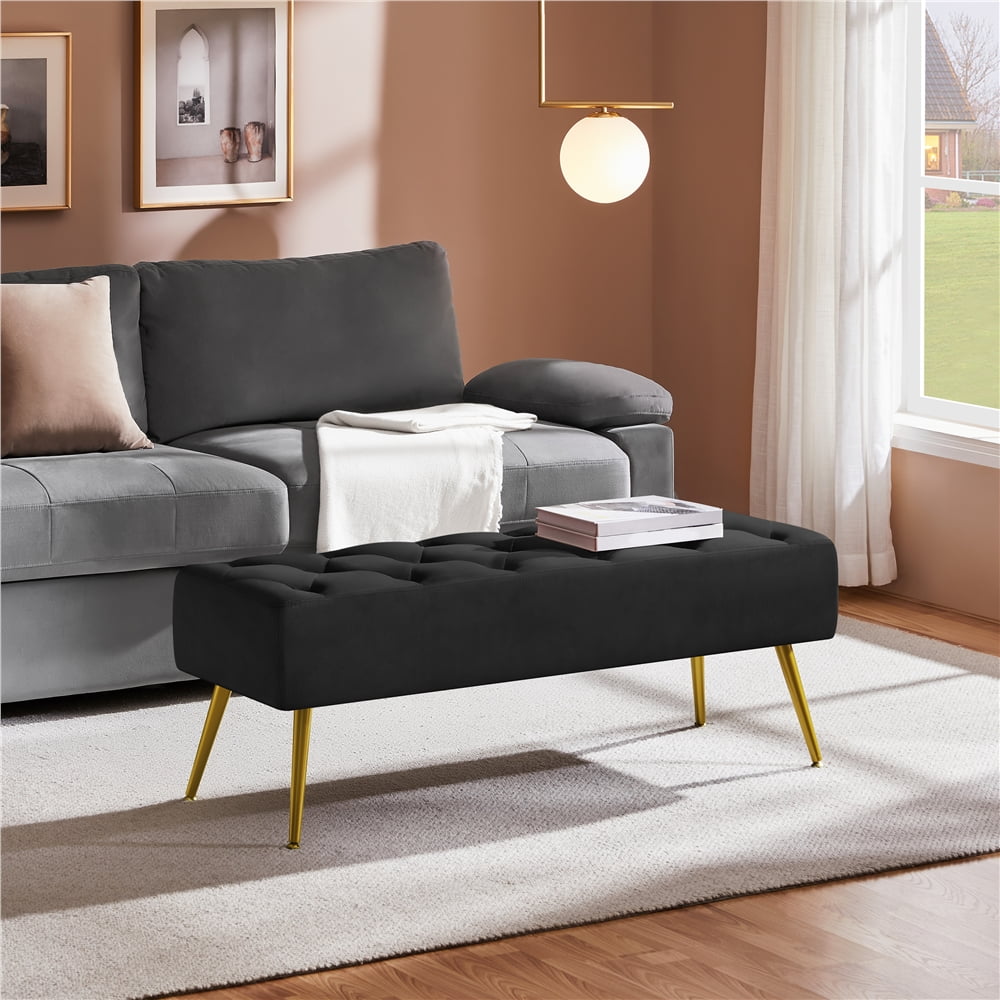 Yaheetech Velvet Upholstered Button Tufted Footstool Bench for Bedroom, Black