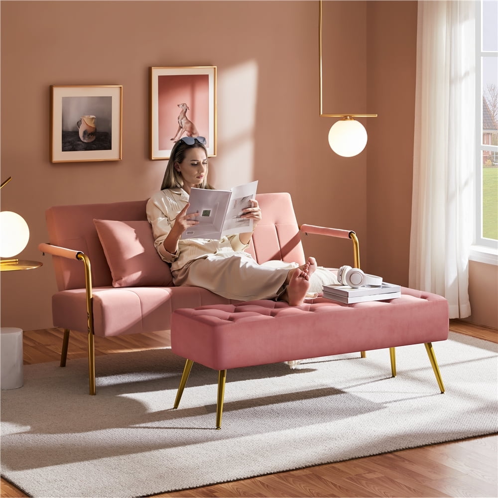 Yaheetech Velvet Upholstered Button Tufted Footstool Bench for Bedroom, Pink