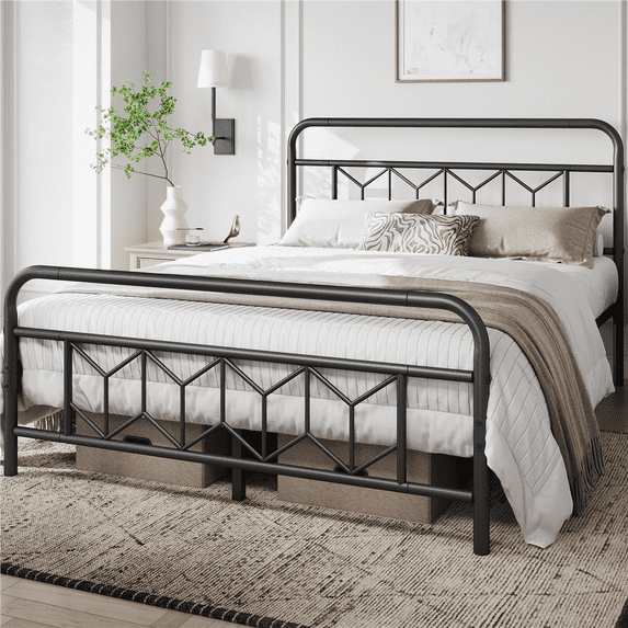 Yaheetech Queen Size Vintage Metal Bed Frame with Diamond Pattern, Black