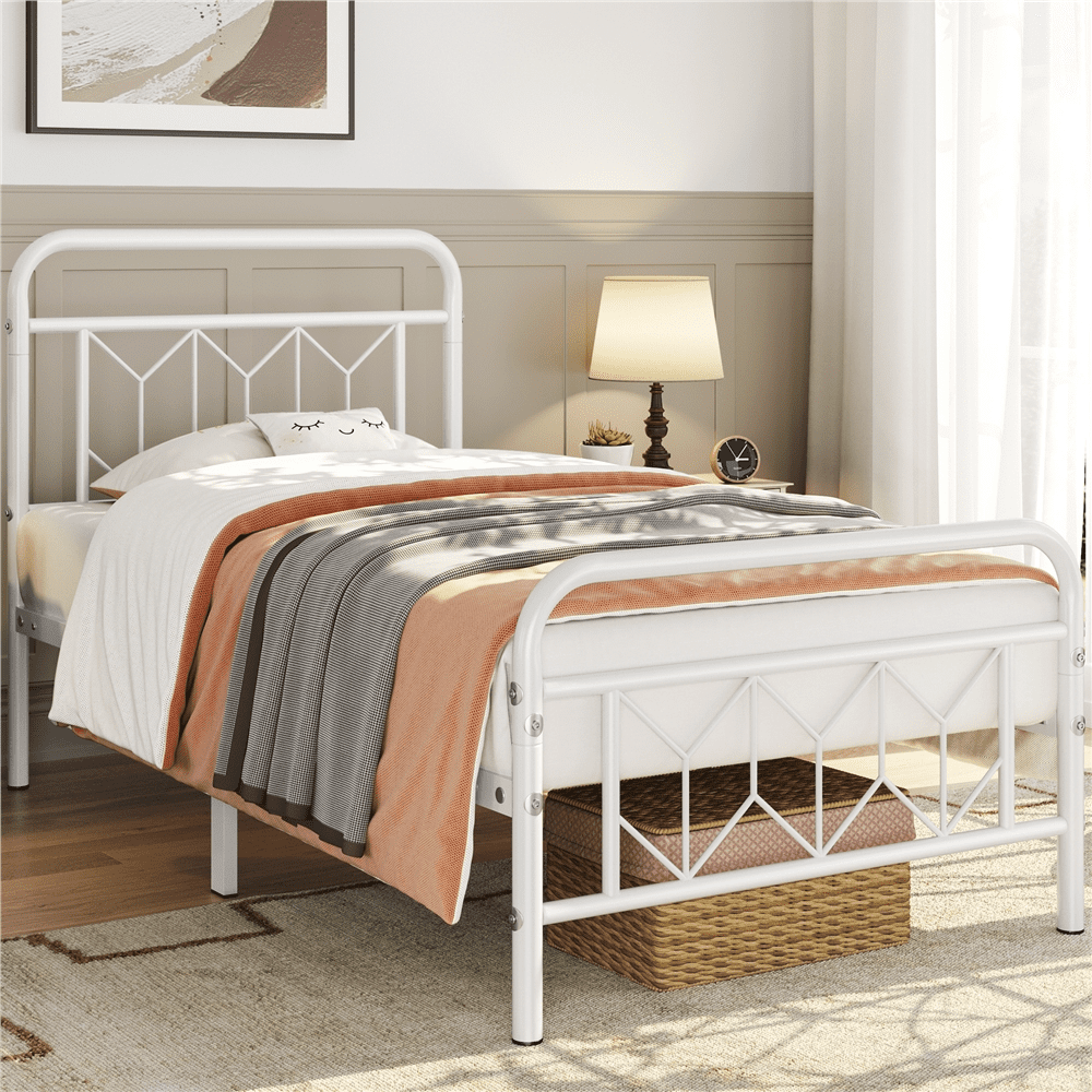 Yaheetech Vintage Metal Bed Frame with Diamond Pattern, Twin,White