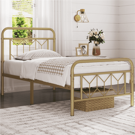 Yaheetech Vintage Metal Bed Frame with Diamond Pattern, Twin XL,Antique Gold