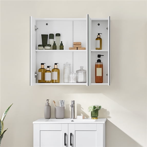 Yaheetech Wall Mirror Storage Cabinet with 3 Doors and Adjustable Shelf, White