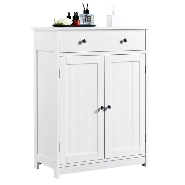 Yaheetech White Floor Cabinet/Cupboard with 2 Doors 1 Drawer Bathroom Kitchen Storage