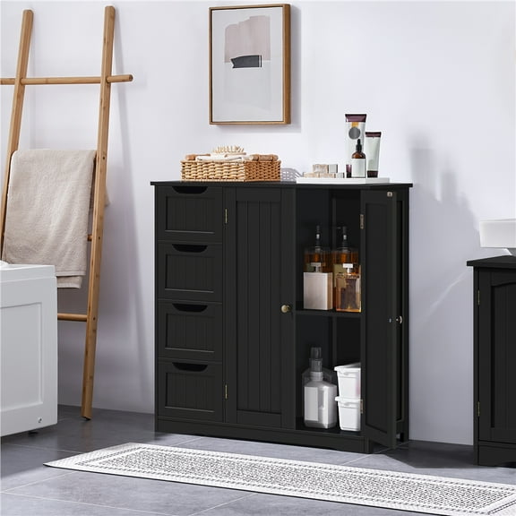 Yaheetech Wooden Bathroom Floor Cabinet with Adjustable Shelf, Black