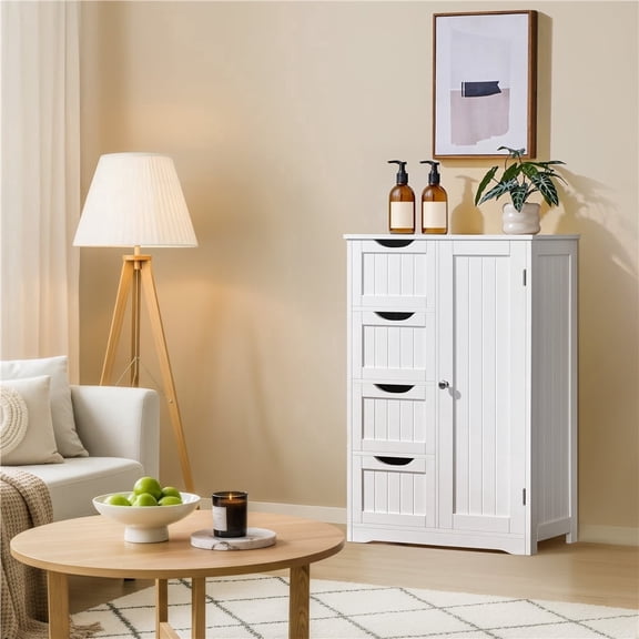 Yaheetech Wooden Cabinet Storage Unit with 4 Drawers & Cupboard for Bathroom, White