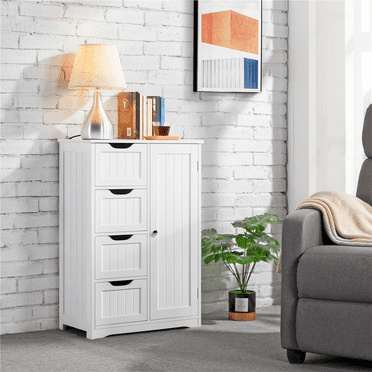 Yaheetech Wooden Cabinet Storage Unit with 4 Drawers & Cupboard for Bathroom, White
