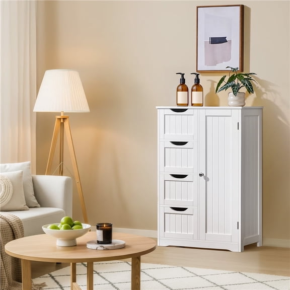 Yaheetech Wooden Cabinet Storage Unit with 4 Drawers & Cupboard for Bathroom, White