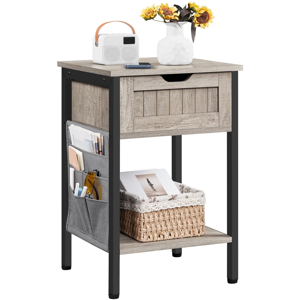 Gray MDF and Iron Nightstand with Drawer and Fabric Storage Bag