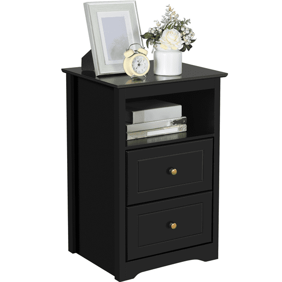 Yaheetech Wooden Nightstand with Storage Drawers and Open Shelf, Black