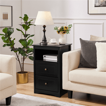 Yaheetech Wooden Nightstand with Storage Drawers and Open Shelf, Set of 2,Black