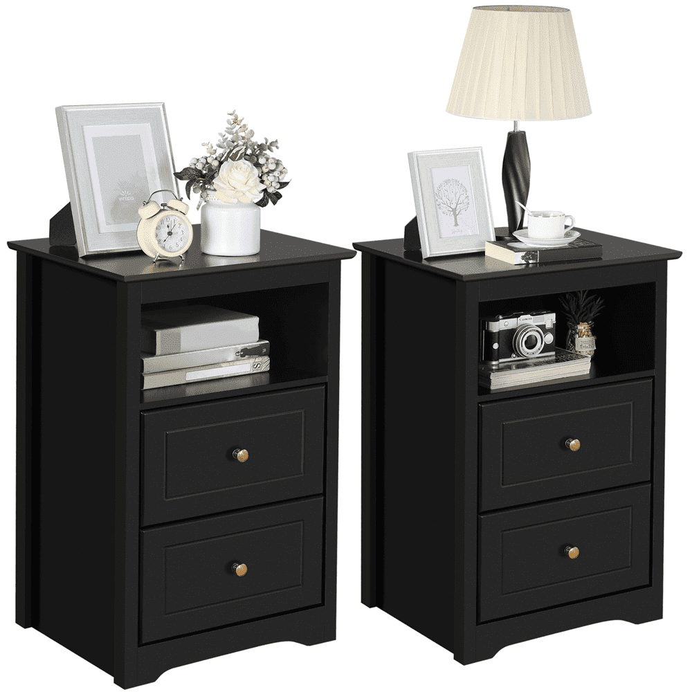Yaheetech Nightstands with 2 Drawers & Open Shelf, Wooden Bedside Tables for Bedroom,Set of 2, Black