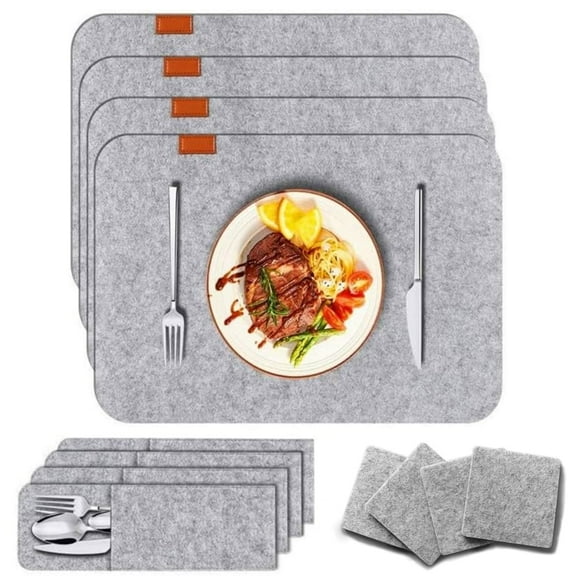 Yahome 12 Pcs Light Grey Felt Cloth Placemats Sets,17x12 inch Table Mats + Drink + Cutlery Pouch Holder,Heat Resistant Non-Slip Tableware Place Pad,for Kitchen Dining Table
