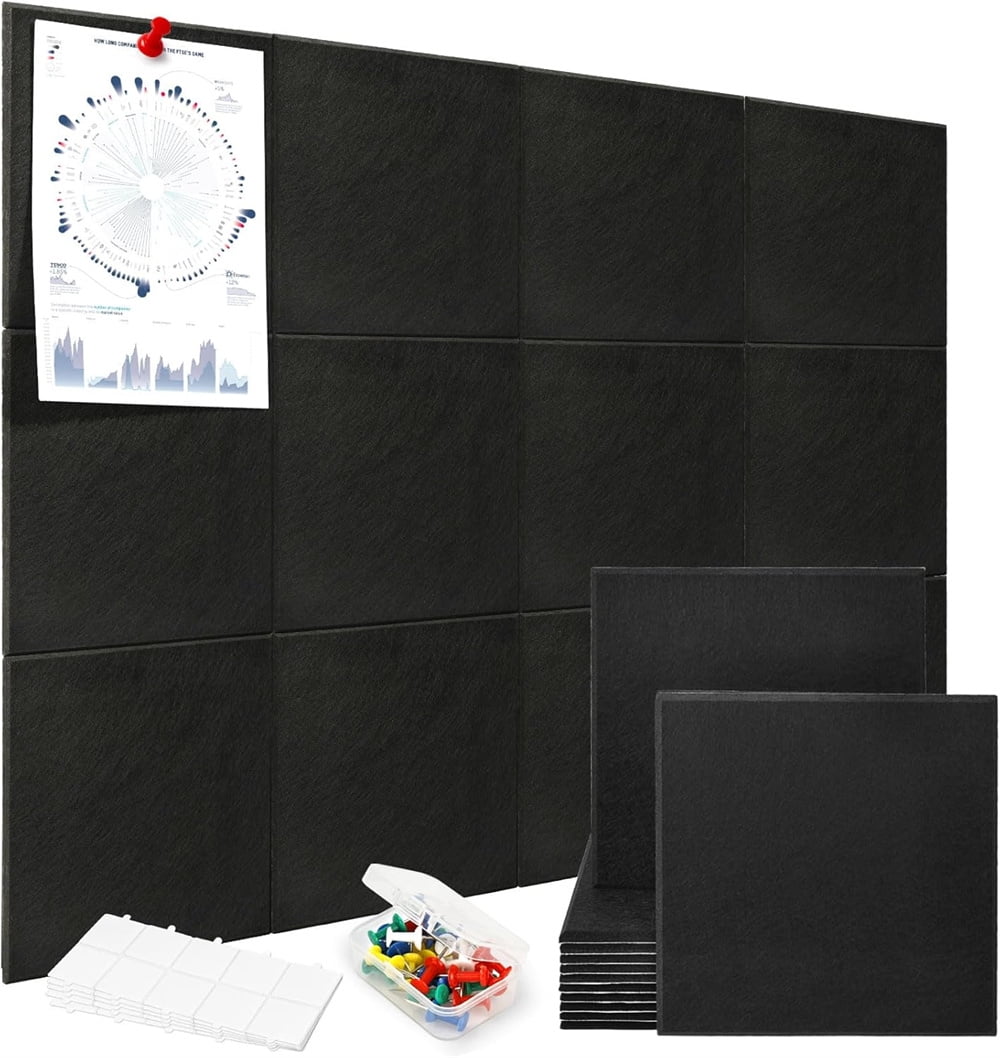 Yahome 12Pcs Black Large Cork Board Each 12 Inch Felt Bulletin Boards with Safe Removable Adhesive Tabs and Push Pins Easy to Install Cork Boards Felt Board