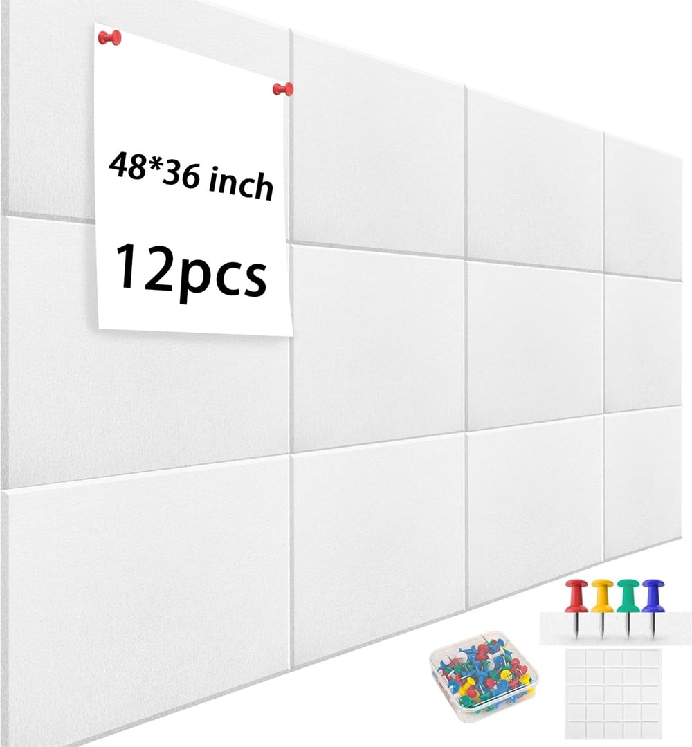 Yahome 12Pcs Bulletin Board for Office 48 x 36 Inch Removable Felt Wall Tiles with Pushpins Large Cork Boards for Walls Decor Organizer and DIY (White)
