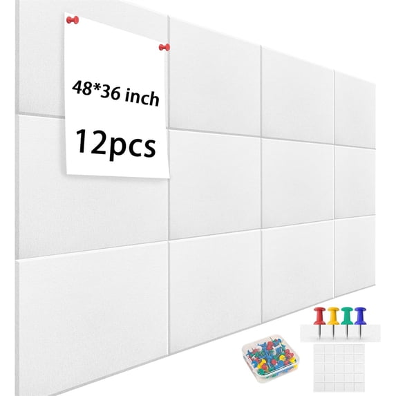 Yahome 12Pcs Bulletin Board for Office 48 x 36 Inch Removable Felt Wall Tiles with Pushpins Large Cork Boards for Walls Decor Organizer and DIY (White)