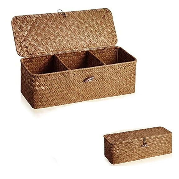 Yahome 1Pcs Rectangular Small Woven Shelf Baskets with Lid 3 Compartment Storage Woven Basket for Bathroom Organizer Small Bins Home Decor