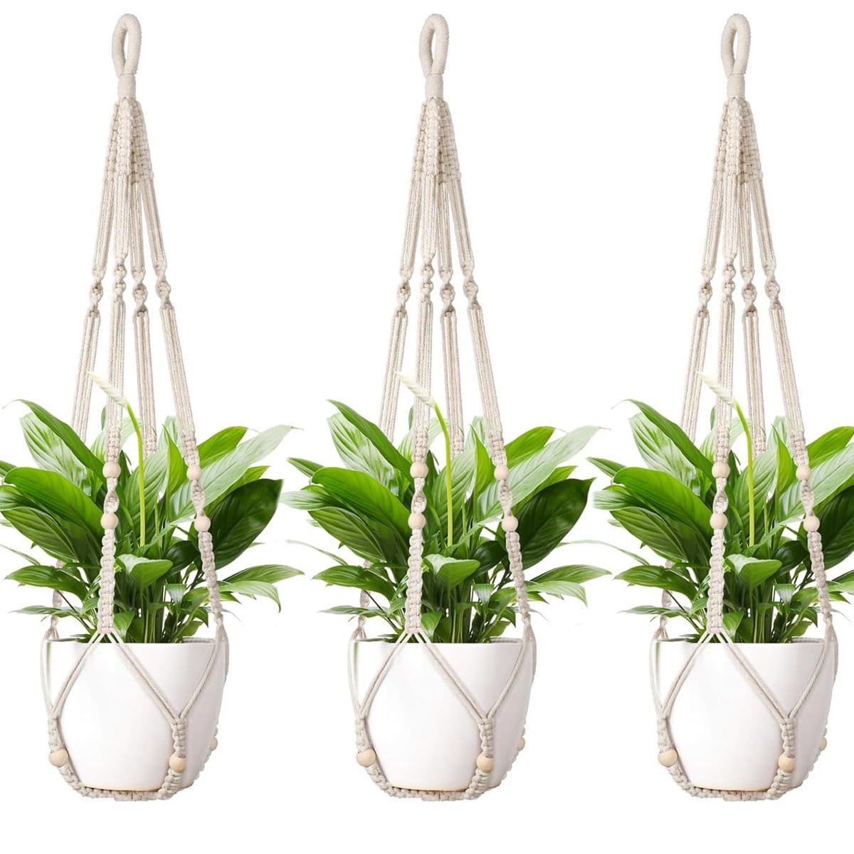 Yahome 3 Pcs Macrame Plant Hanger Indoor Outdoor Hanging Planter for Plants 35 Inch Holder Flower Pot Holder with Decorative Wood Beads & No Tassels, Ivory (Pots Not Included)
