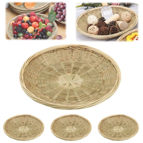 Yahome 4 Pcs Natural Bamboo Fruit Trays,Wicker Plate Holder,Hand Woven Bread Basket,Reusable Food Storage Basket for Home Kitchen Party Picnic Daily Dinning 9.8 Inch