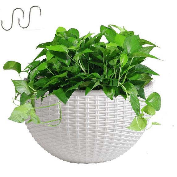 Yahome Outdoor Imitation Rattan Wall Planter 1 Pcs Semicircle Plastic Hanging Flower Pot Wall-Mounted Plant Baskets Planter Container with Drainage,for Garden Balcony Fence Window (White)