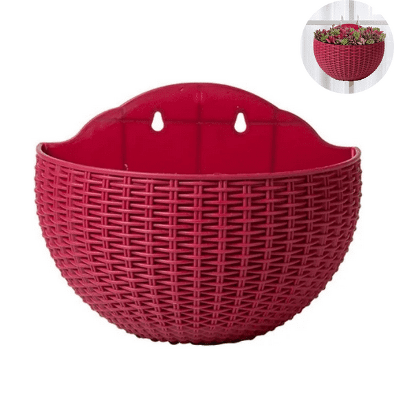 Yahome Red Wall-Mounted Imitation Rattan Flower Pot Semicircular Plastic Plant Basket with Drainage Hanging Flowers Planter for Home Living Room Balcony Outdoor Garden Fence Decor 1 Pcs