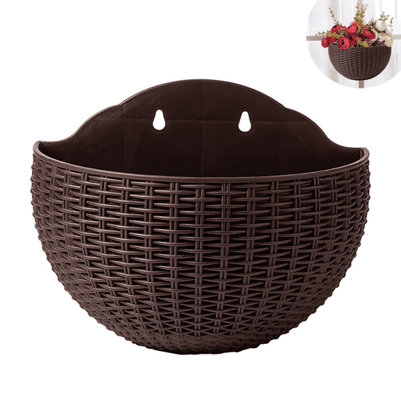 Yahome Semicircle Hanging Flower Pot for Outdoor 1 Pcs Imitation Rattan Plant Baskets Plastic Wall-Mounted Wall Planter Container with Drainage,for Porch Garden Balcony Fence (Brown)