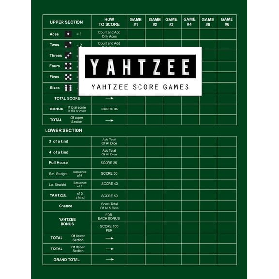 Yahtzee Score Game : Yahtzee Games Record Score, Scoresheet Keeper Notebook, Yahtzee Score Sheet, Yahtzee Score Card, Write in the Player Name and Record Dice Thrown, 100 Pages