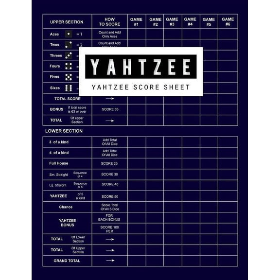 Yahtzee Score Sheet: Yahtzee Games Record Score, Scoresheet Keeper Notebook, Yahtzee Score Sheet, Yahtzee score Card, Write in the player name and record dice thrown, 100 Pages Paperback 1727459539