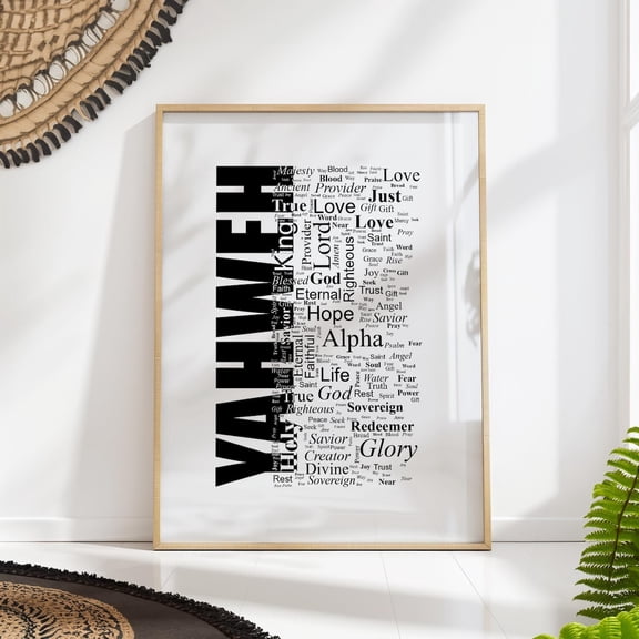 Yahweh Typography Names of God Christian Wall Art, Unframed Paper Poster 8x10in