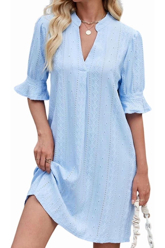 Shirts Dress for Women V Neck Short Sleeves Casual Flowy Summer Beach Vacation Shifts