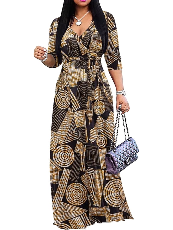 Womens Casual Summer Maxi Dress Plus Size Sexy Wrap V Neck 3/4 Sleeve Sundress with Pockets
