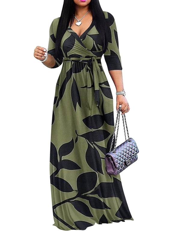 Womens Casual Summer Maxi Dress Plus Size Sexy Wrap V Neck 3/4 Sleeve Sundress with Pockets