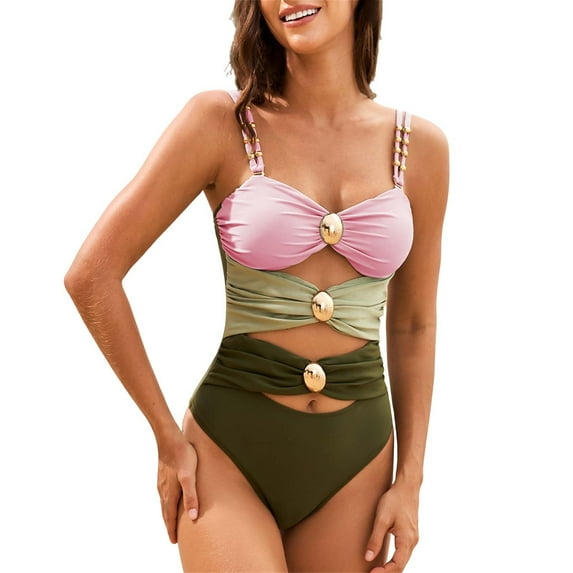 Yajing Fashionable Color Blocked Metal Button Stretch Piece Swimsuit with Pad No Support Pink M Tummy Control Swimsuits for Women