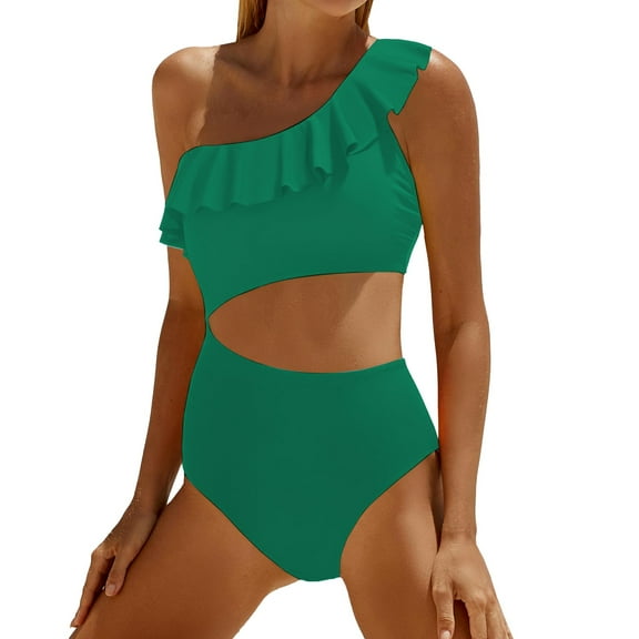 Yajing One Piece Swimsuit Women Women Cutout Swimsuits One Shoulder Ruffle Cut Out Bathing Suit Swimwear Monokini 2025 Green Xl